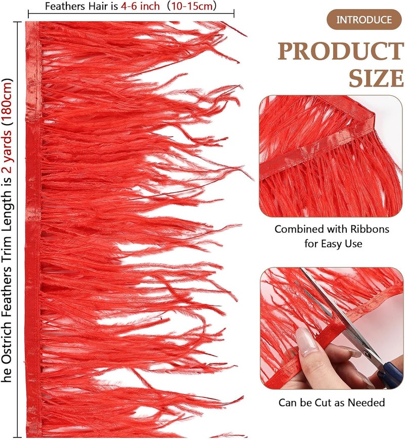whitefeather 2 Yards 4-6inch Dyed Ostrich Feathers Trim Fringe for DIY Dress Sewing Crafts Ostrich Feathers Costumes Decoration (red) - Image 2